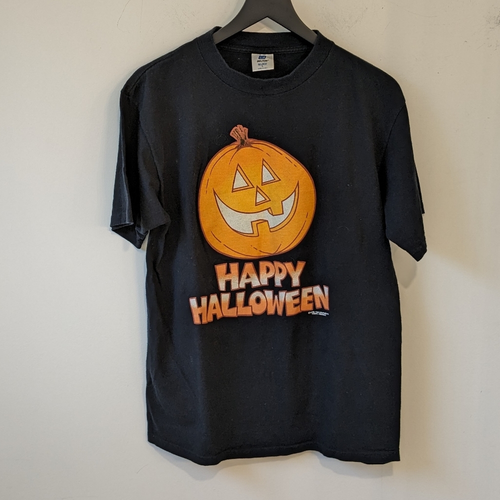 Vintage 1991 Belton Made in USA Halloween Pumpkin Black Orange T Shirt
